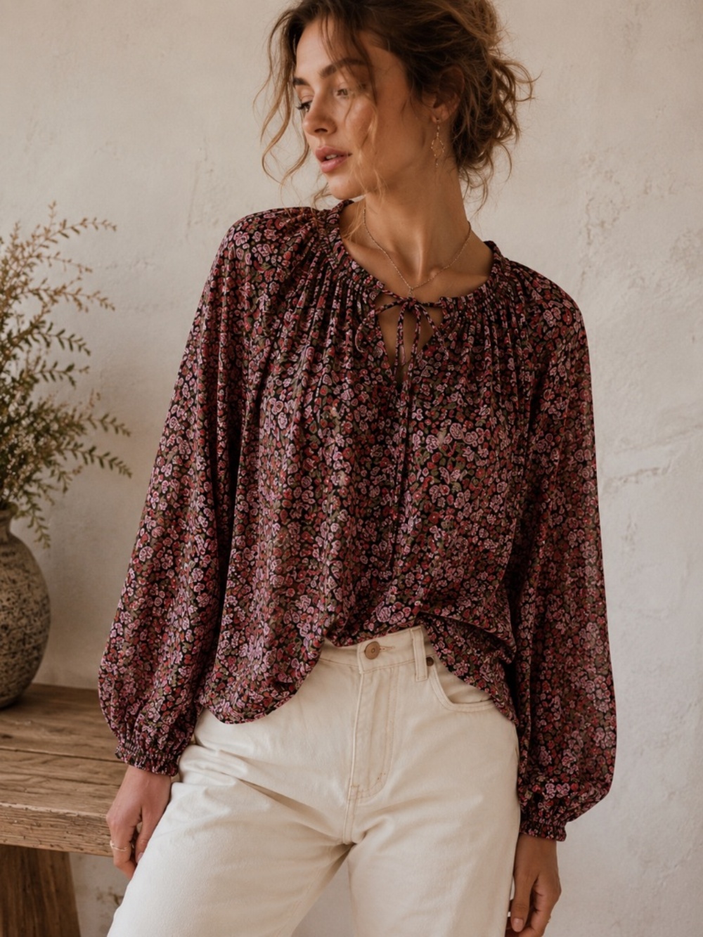 MINKPINK Floral Tie Neck Peasant Blouse Long Sleeve Pink Black  M | Cottagecore